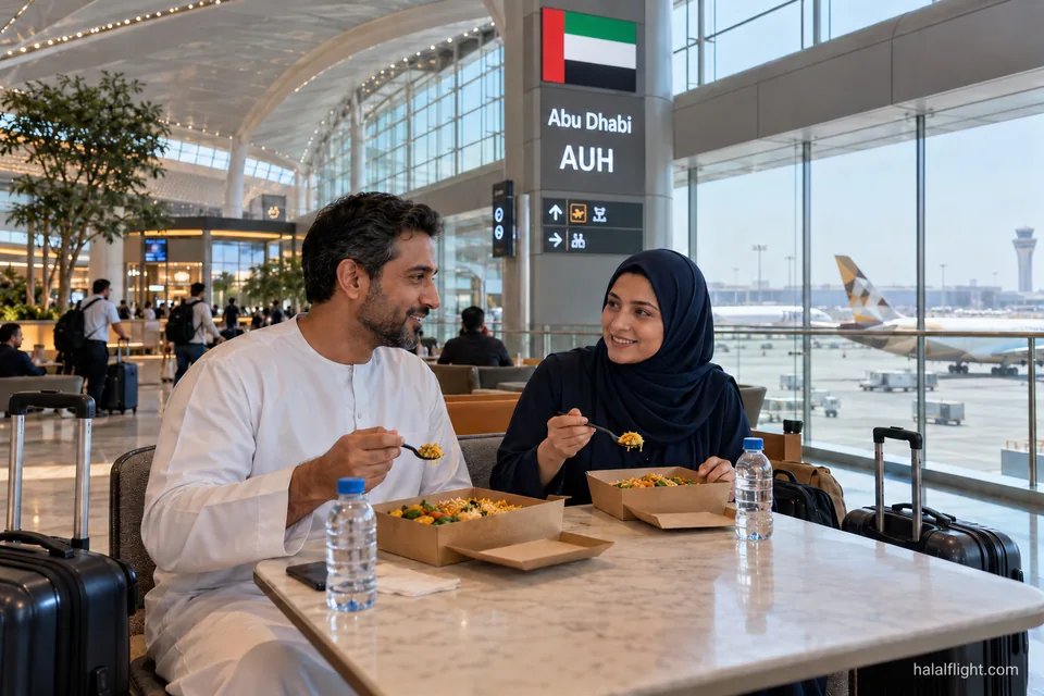 Two travellers eating at a table in an airport area marked Abu Dhabi