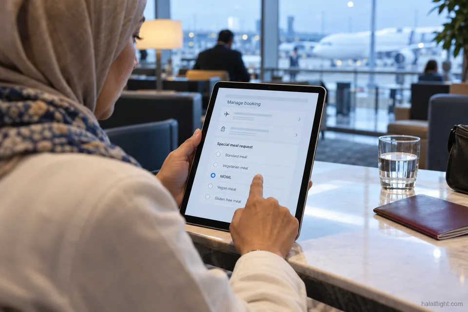 Traveller using a tablet at an airport café table to change meal preferences on a reservation