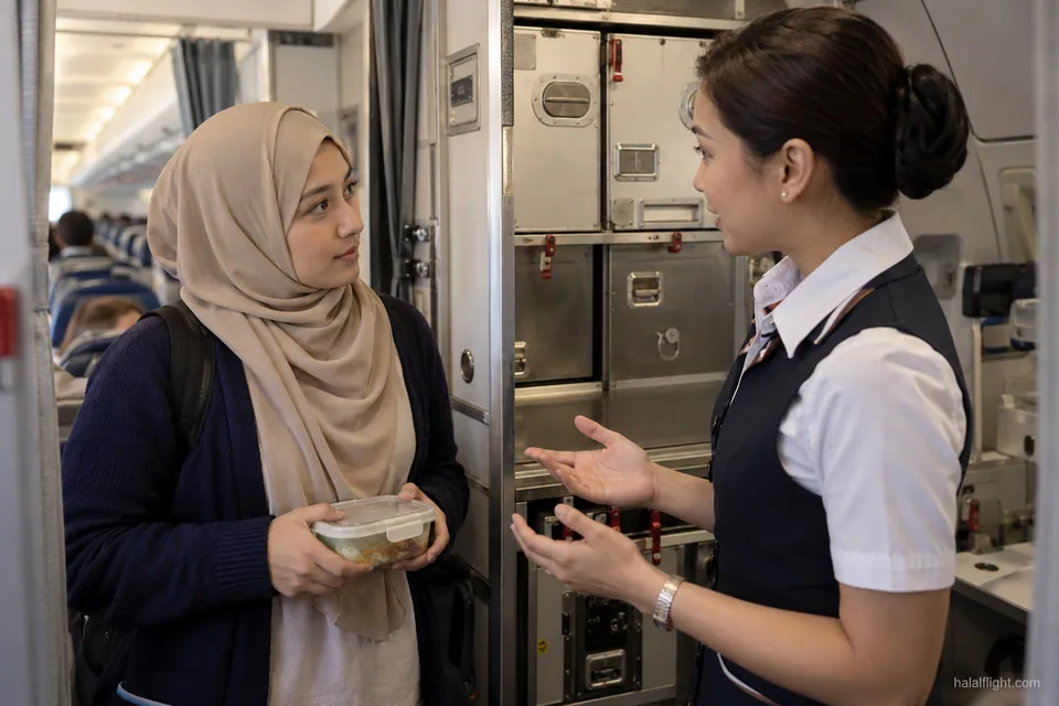 Passenger holding a lidded meal container while speaking to a flight attendant in a cabin aisle
