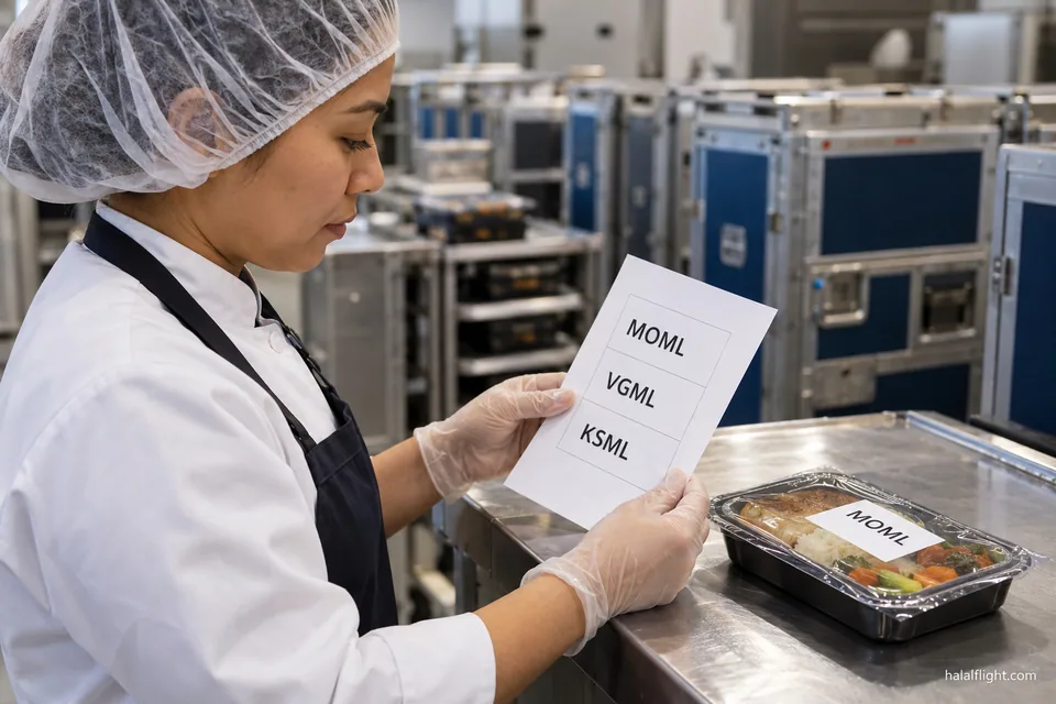 Employé de restauration comparant une liste imprimée de codes à des plateaux repas étiquetés sur un plan de travail en inox