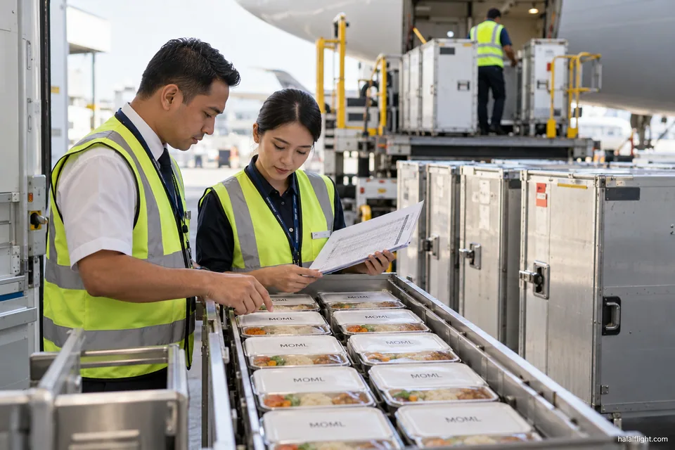 Des employés de restauration contrôlent des plateaux-repas près des chariots avant le chargement