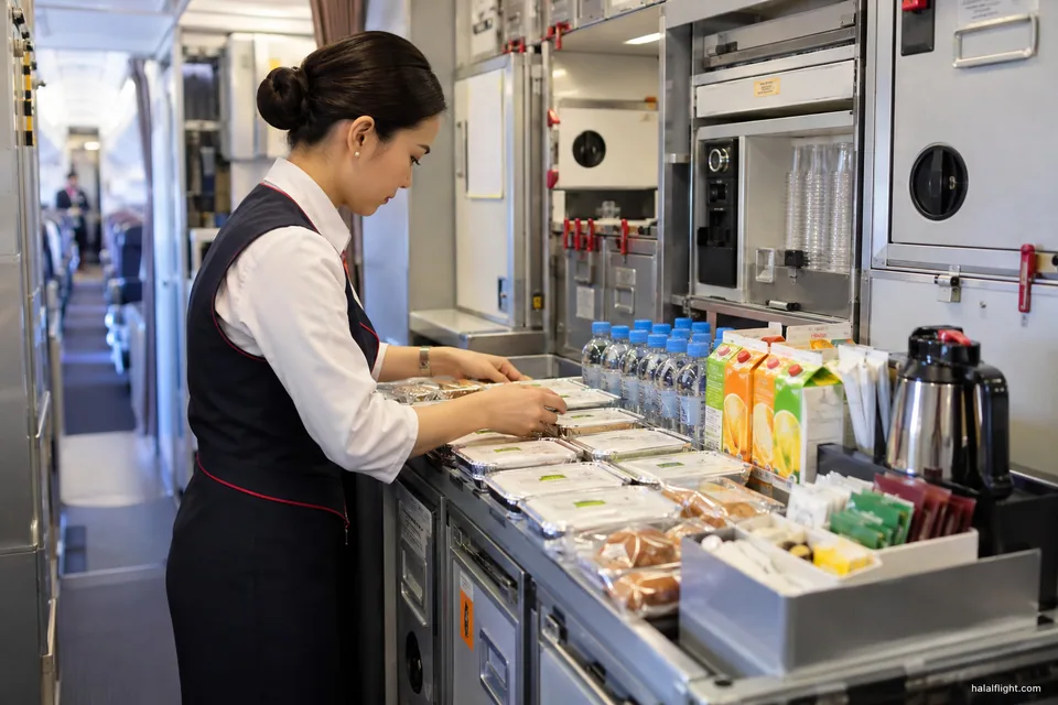 A cabin crew member arranges meal trays and soft drinks in an aircraft galley