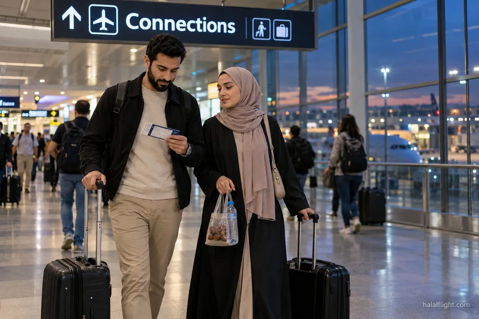 Deux voyageurs marchent dans un terminal sous un panneau indiquant la direction des vols en correspondance