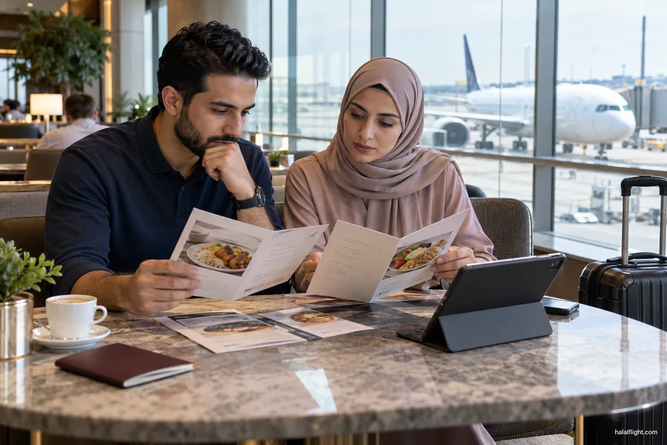 Deux voyageurs comparent des documents imprimés sur les repas des compagnies, à une table d'aéroport
