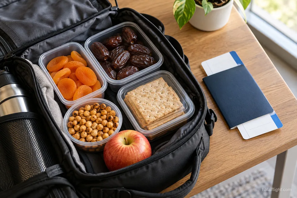 Fruits secs, pois chiches grillés, crackers et une pomme disposés à côté d'un passeport et d'une carte d'embarquement