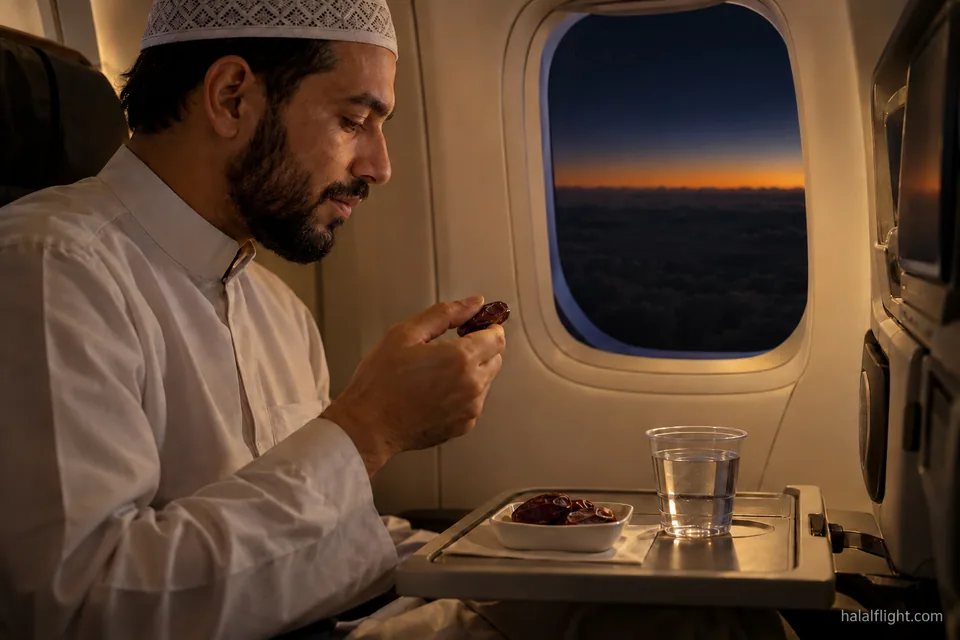 A passenger holding a date beside an aircraft window with the sun low on the horizon