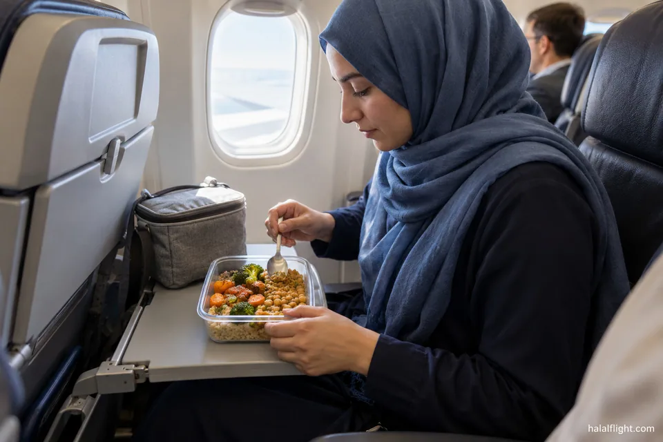 Passager mangeant un repas apporté dans une boîte fermée, assis près du hublot d'un avion