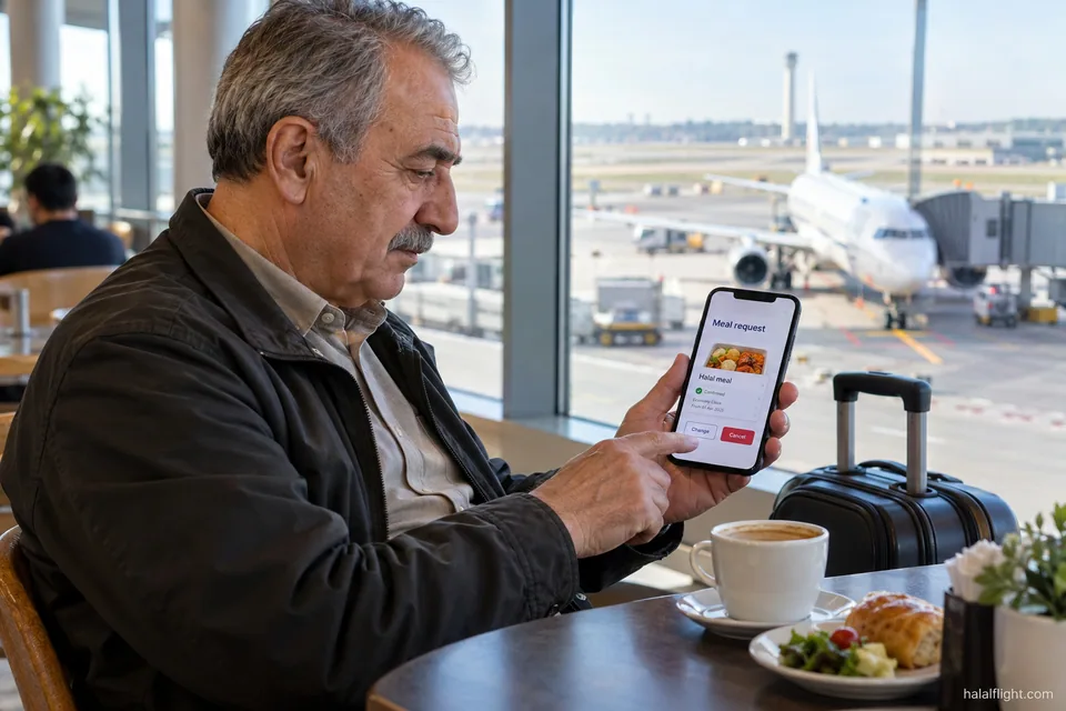 Voyageur consultant des repas sur une tablette, près d'une valise, pour gérer sa réservation