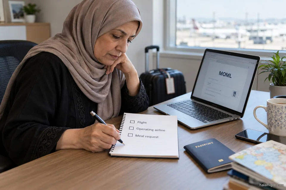 Woman in a hijab ticking a booking checklist on a laptop at home