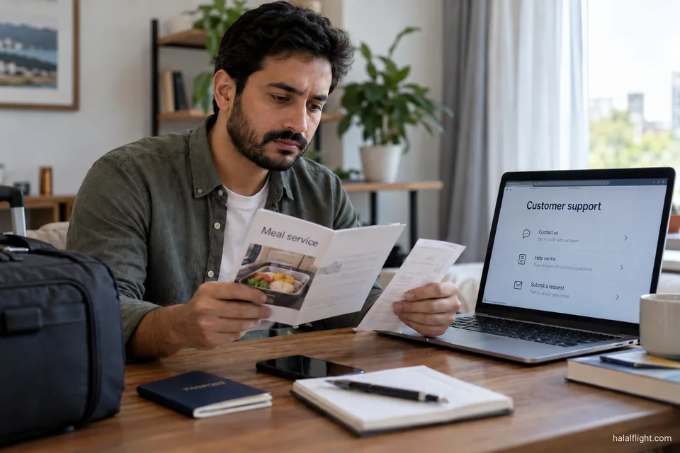 Traveller at home reviewing airline tickets and booking documents beside an open laptop