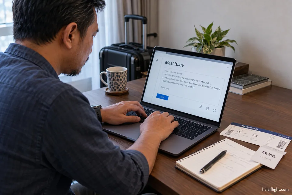 Man typing an airline complaint on a laptop at a desk at home