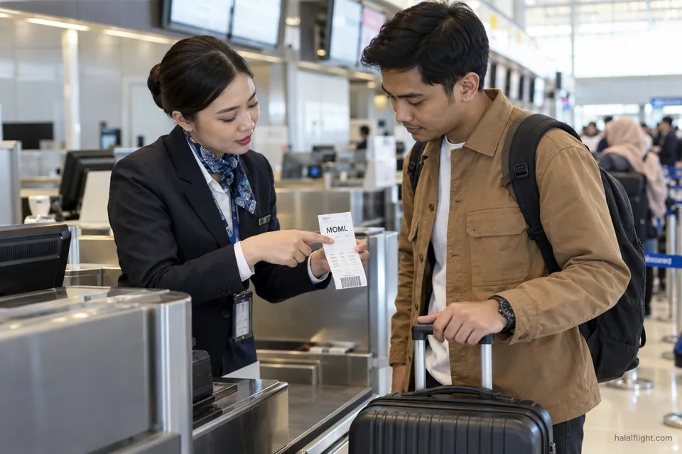 Passenger showing travel documents to an airport check-in agent at a desk