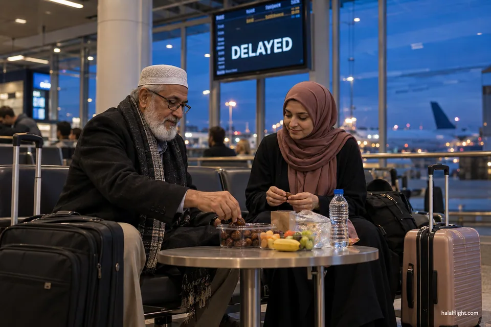 Un couple âgé mange à une table d'aéroport près d'un panneau annonçant un vol retardé