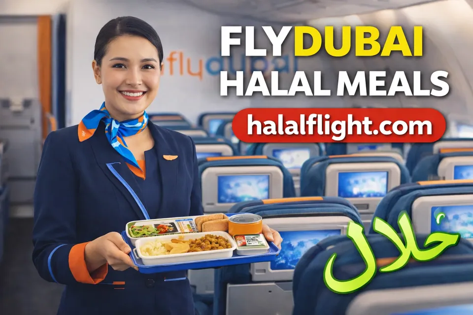 Flydubai cabin crew member holding a meal tray in an aircraft cabin