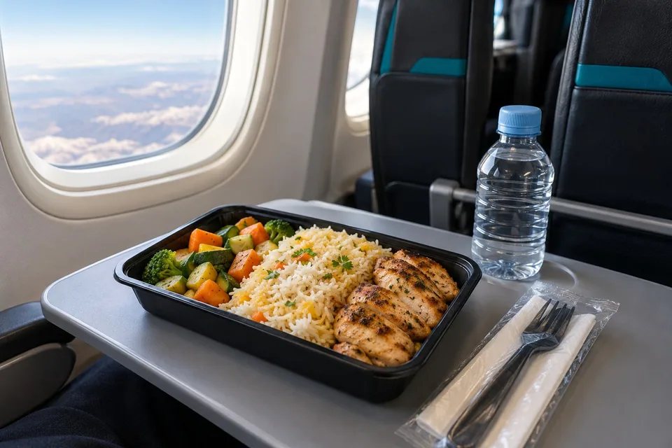 Chicken and rice meal on an aircraft tray table beside a window seat