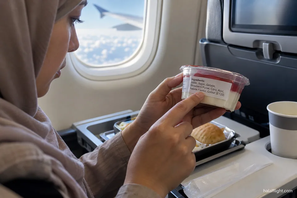 A passenger reading the label on a small dessert pot on an airline tray