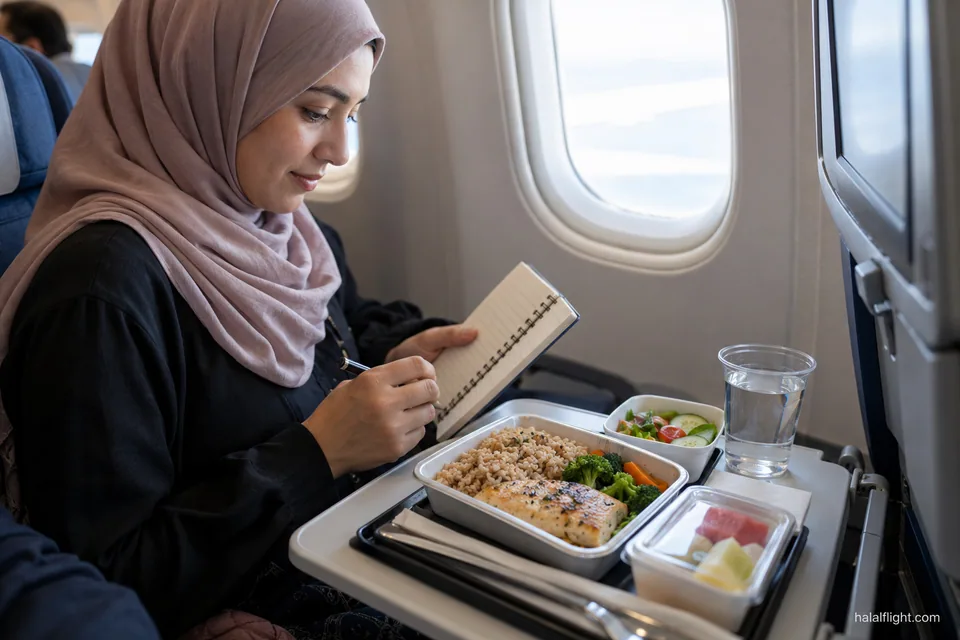 Passenger checking a blood glucose reading beside a meal tray and a bottle of water