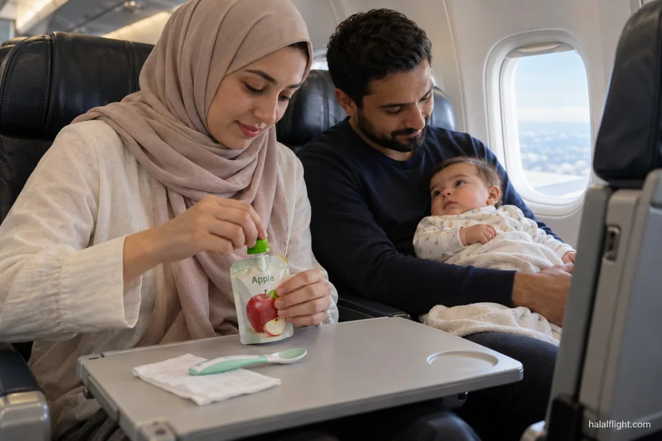أم تحمل رضيعها على مقعد الطائرة وتجهز زجاجة الرضاعة على طاولة الطعام