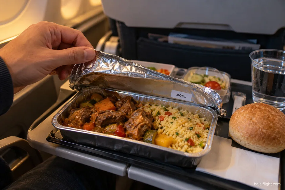 Une passagère soulève le couvercle en aluminium d'un plateau chaud de viande et de riz en plein vol