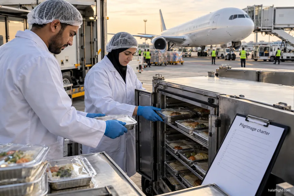 Catering staff load meal trolleys beside an aircraft at an airport loading area