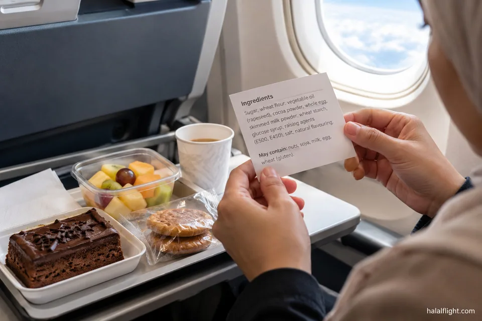 Passager lisant une fiche à côté d'une assiette de gâteau, de fruits et de biscuits posée sur un plateau