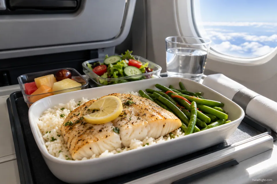 Grilled fish fillet with lemon, rice and green beans on an airline meal tray