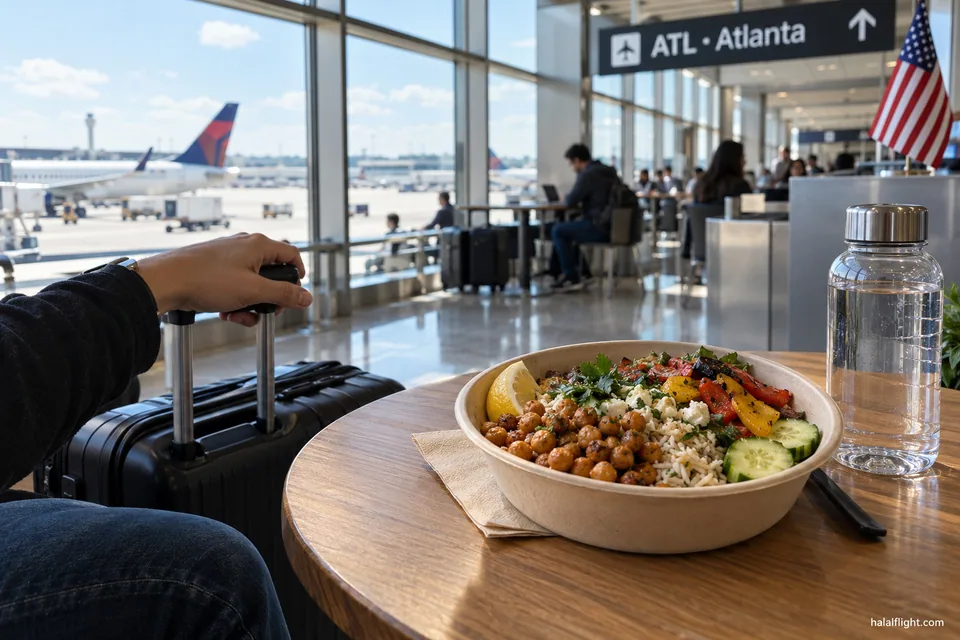 Illustration d'un bol de céréales et de légumes sous un panneau de l'aéroport d'Atlanta Hartsfield-Jackson