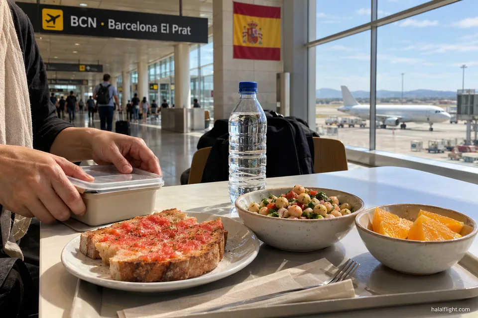 Illustration de pain à la tomate, d'une salade, de fruits et d'une bouteille d'eau à l'aéroport de Barcelone El Prat
