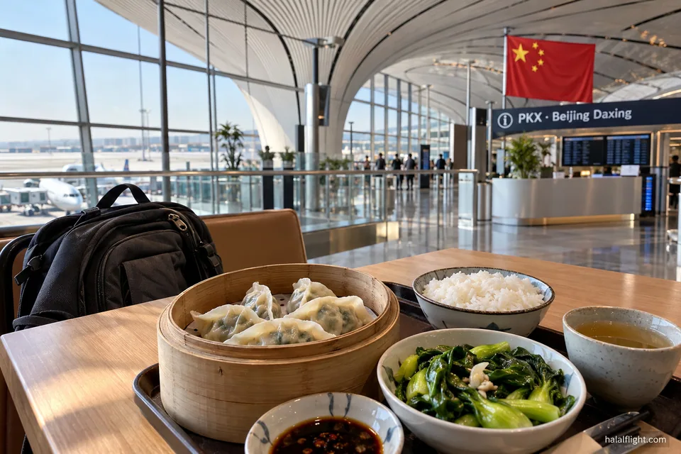 Illustration of steamed dumplings, rice and greens beneath a Beijing Daxing airport sign