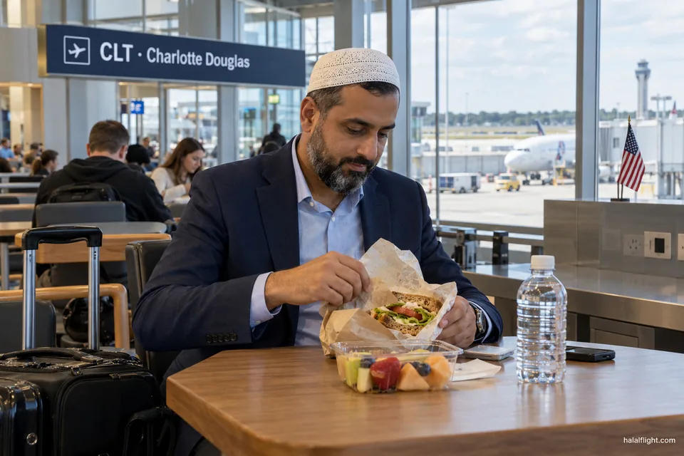 Illustration d'un homme coiffé d'une calotte de prière qui déballe un sandwich à l'aéroport de Charlotte Douglas