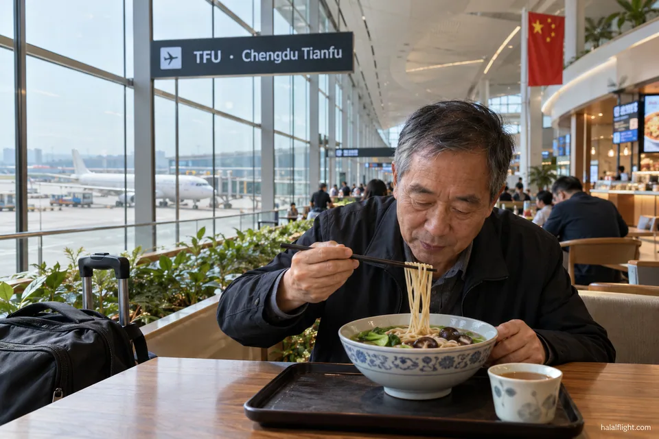 Illustration of an older man eating noodles with chopsticks at Chengdu Tianfu Airport