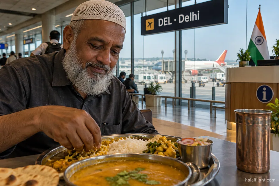 Plate of rice with small side dishes on a table inside Delhi Airport