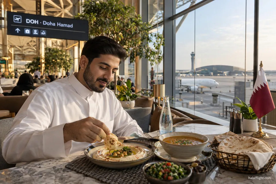 Illustration d'un homme en tenue qatarie mangeant riz, pain plat et soupe à une table d'aéroport