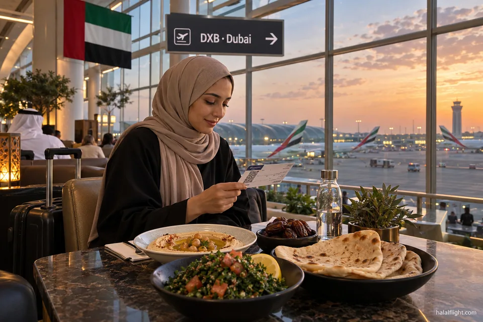 Illustration of a traveller eating beside a DXB sign and airport windows at sunset