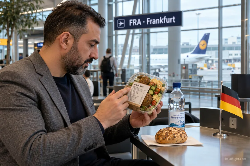 Illustration of a man checking the label on wrapped food at Frankfurt Airport