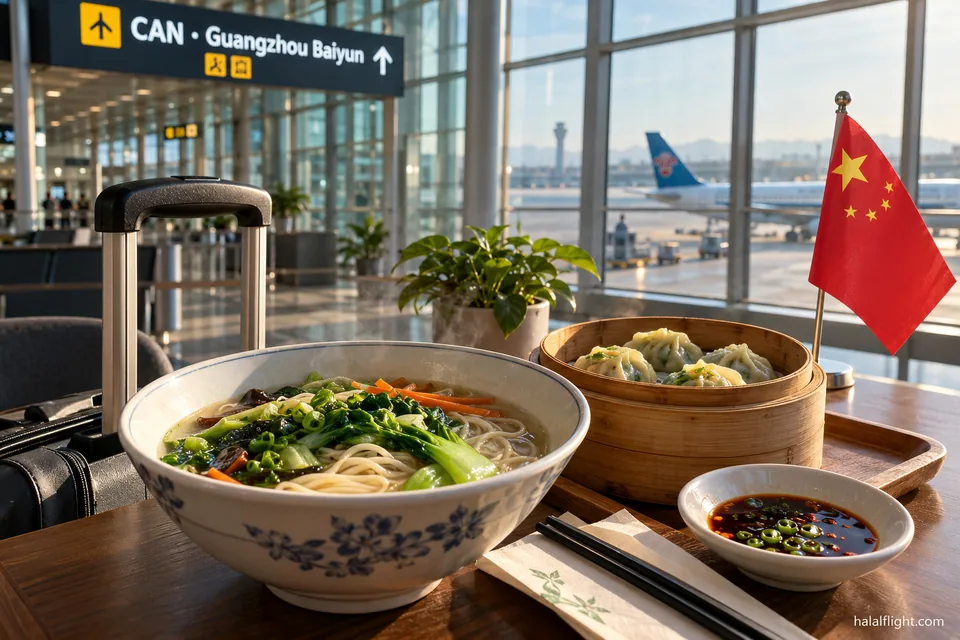 Illustration of noodle soup, steamed dumplings and sauce beneath a Guangzhou Baiyun airport sign