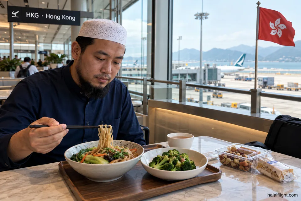 Illustration of a man eating noodles and greens at a table inside Hong Kong International Airport