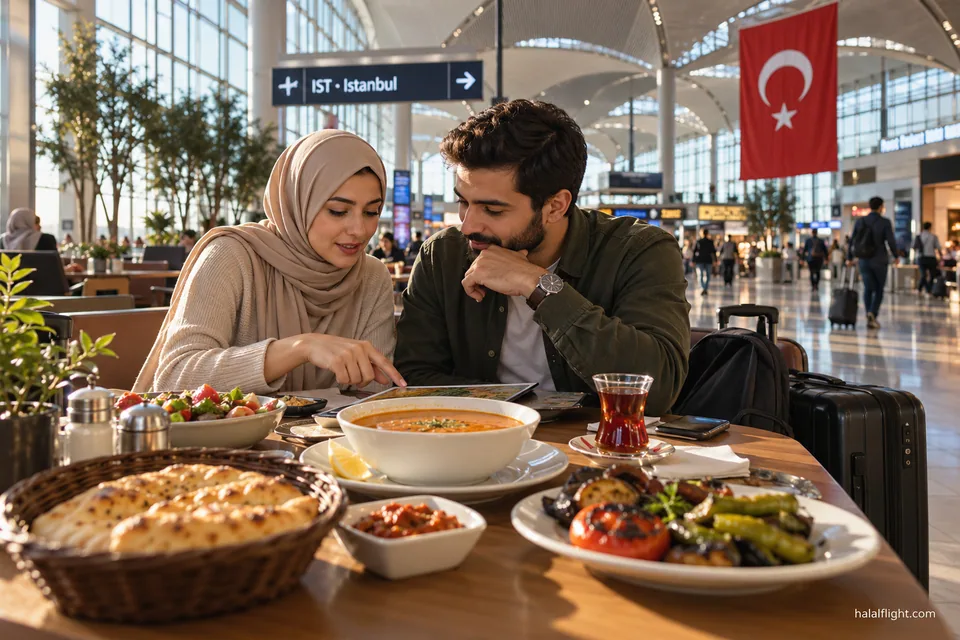 رسم لزوجين يتشاركان عدة أطباق على الطريقة التركية على طاولة قرب لافتة مطار إسطنبول