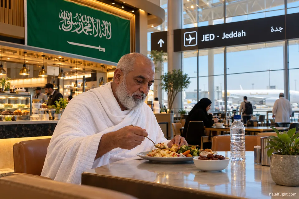 رسم لرجل مسن يرتدي ثياباً بيضاء يتناول وجبة أرز في مطار جدة
