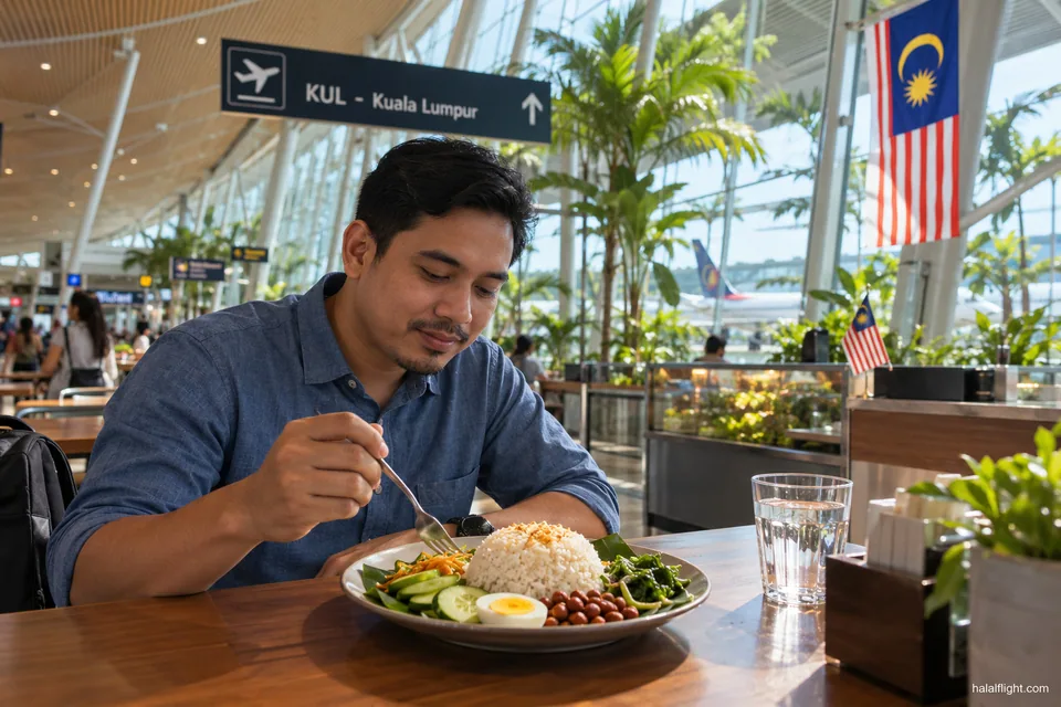 Illustration of a man eating a plate of rice at a table inside Kuala Lumpur Airport