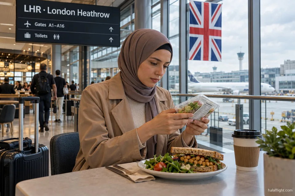 Illustration d'une femme examinant un repas emballé sous un panneau de l'aéroport de Heathrow