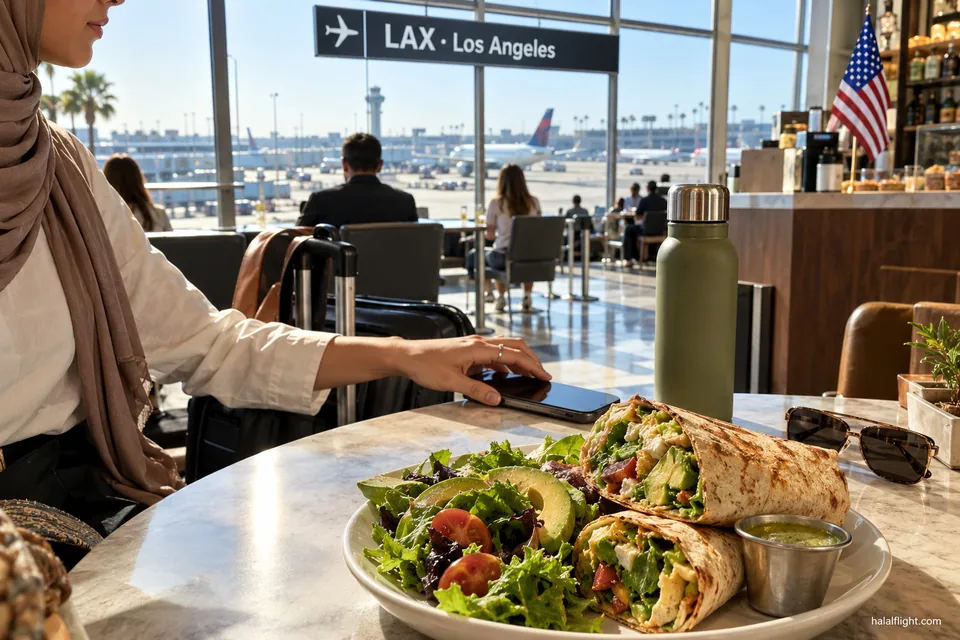 Wraps and a salad bowl on a tray in front of a Los Angeles airport sign