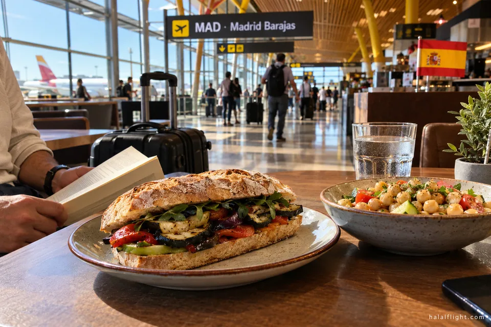 A sandwich and a salad on a table beneath a Madrid Barajas airport sign