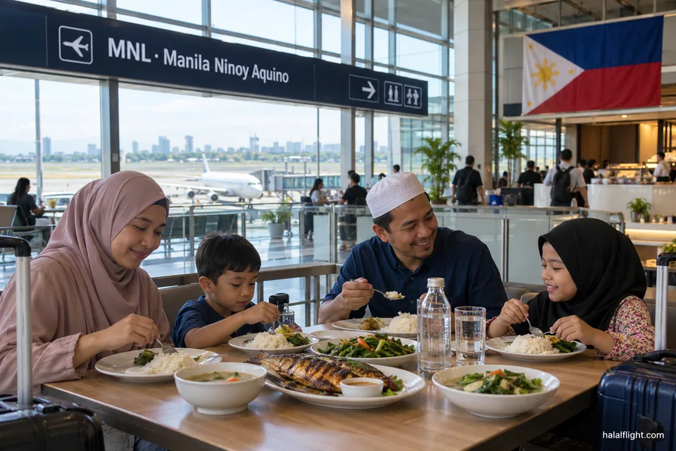 A family of four sharing rice meals at a table in Manila airport