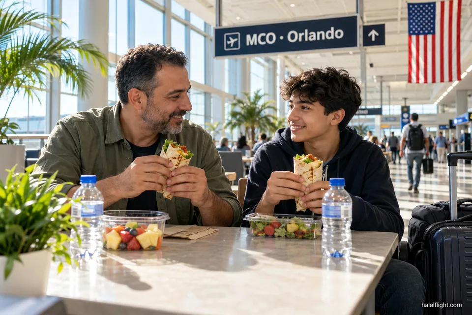A father and young son eating wraps together at an airport seating area