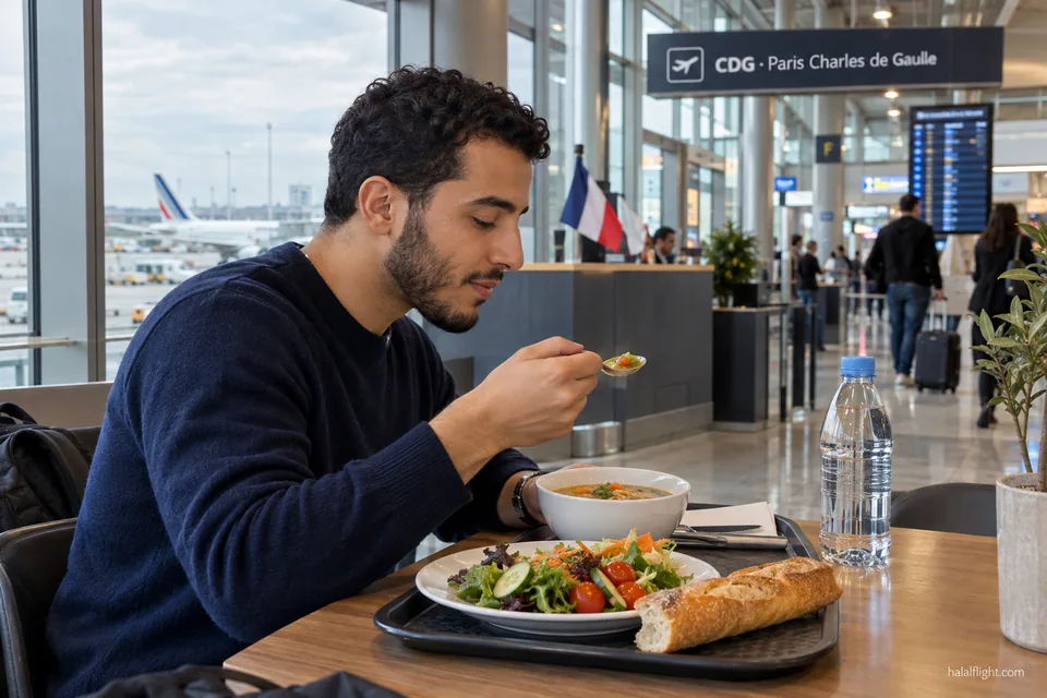 Illustration of a man eating soup, salad and a baguette at a table in a Paris airport terminal