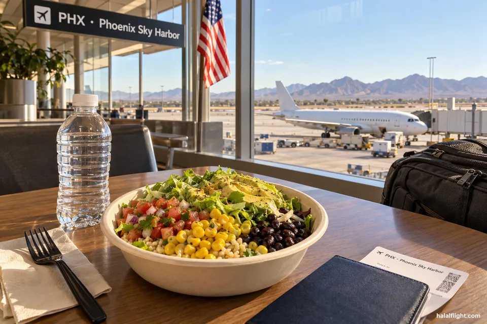 Illustration d'un bol de maïs, de haricots et de riz avec une bouteille d'eau dans un terminal de l'aéroport de Phoenix
