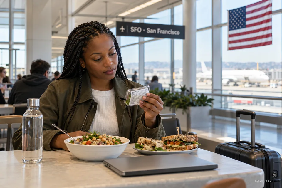 Illustration d'une femme qui lit l'étiquette d'ingrédients d'un sandwich à côté de son repas dans un terminal d'aéroport