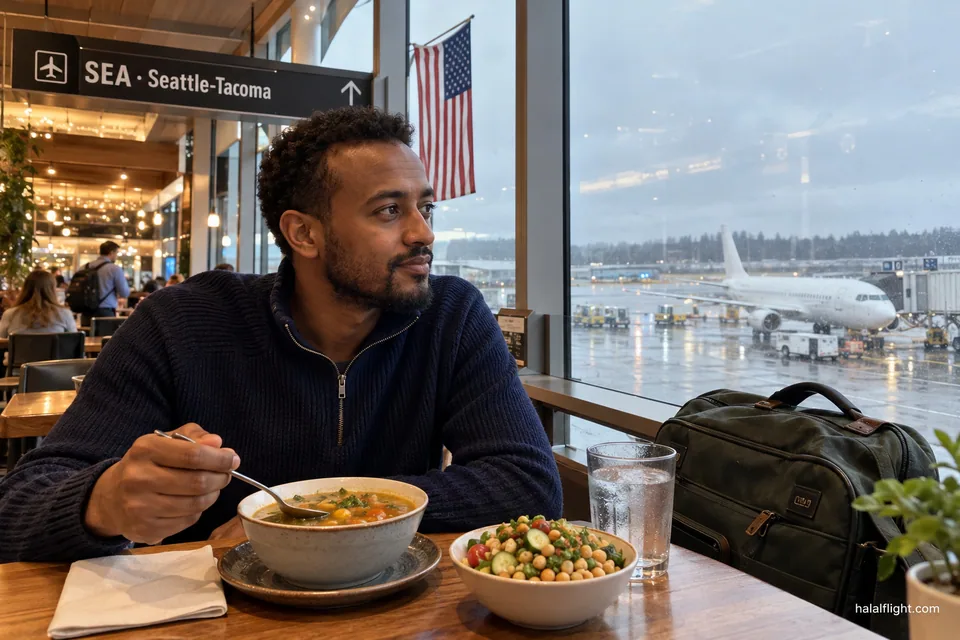 Illustration of a man eating soup and salad at a table in Seattle-Tacoma Airport
