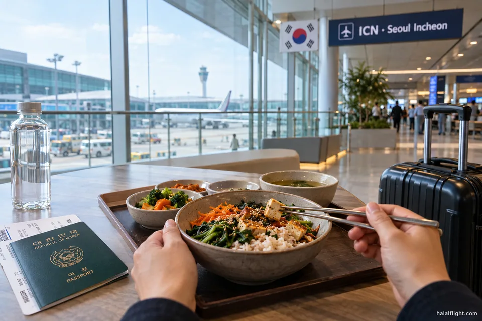 Illustration de mains posées près d'un bol de riz, de petits plats d'accompagnement et d'un passeport à l'aéroport d'Incheon
